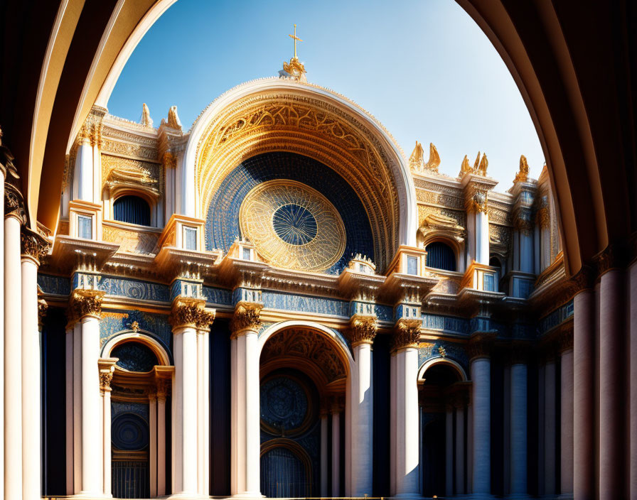 Ornate domed building with golden embellishments framed by arched entrance