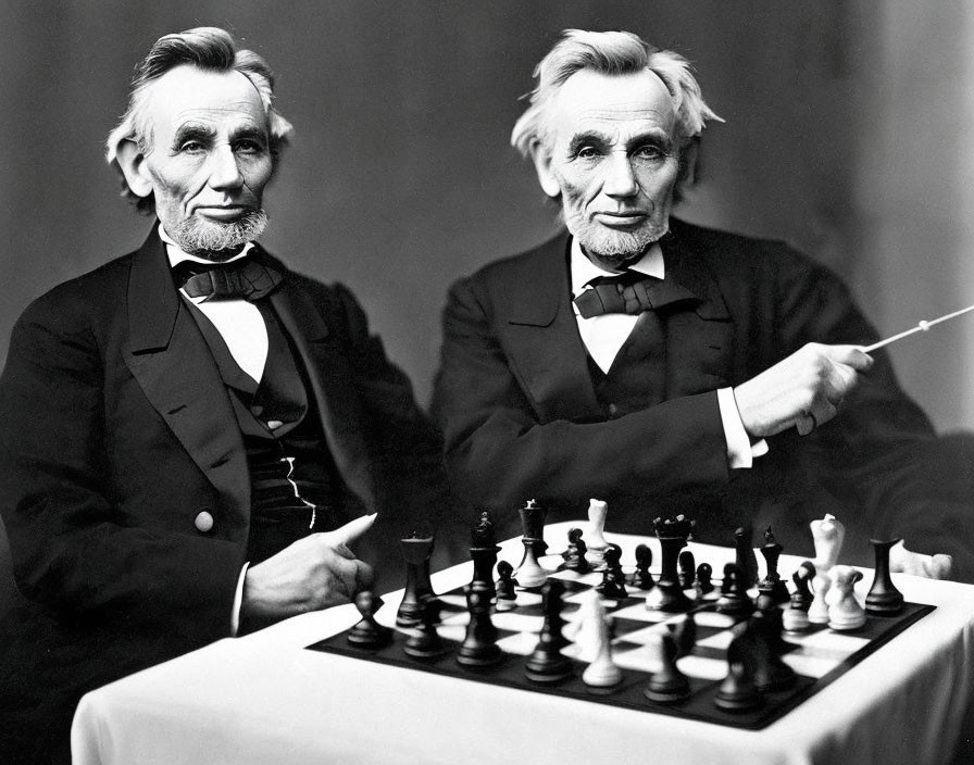 Double exposure black and white image of man resembling Abraham Lincoln at a chessboard.