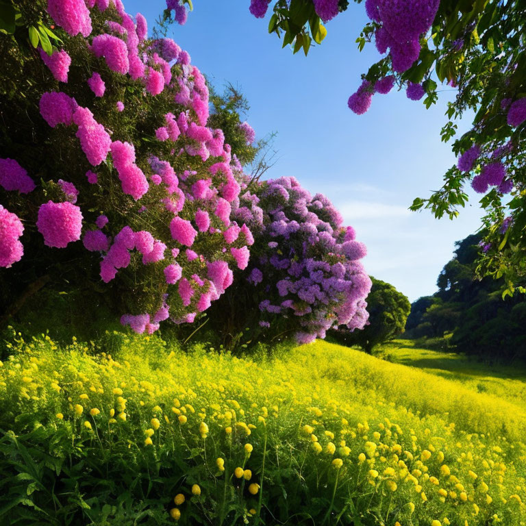 Colorful landscape: yellow flowers, pink and purple bushes, blue sky