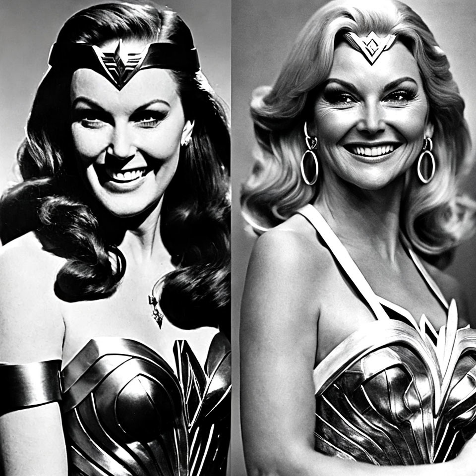 Split black and white image: Woman in Wonder Woman costume with tiara, smiling.