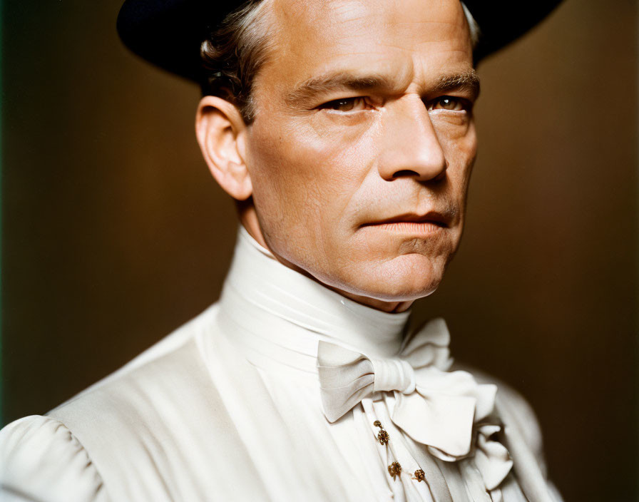 Historical figure in high-collared shirt and hat gazes at viewer