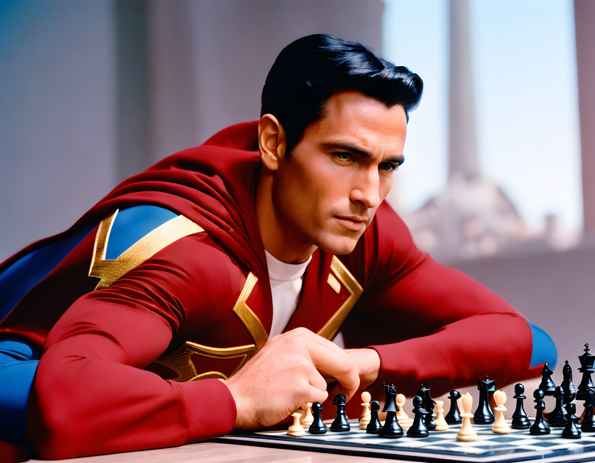 Superhero-themed illustration with chess move pondering and iconic columns