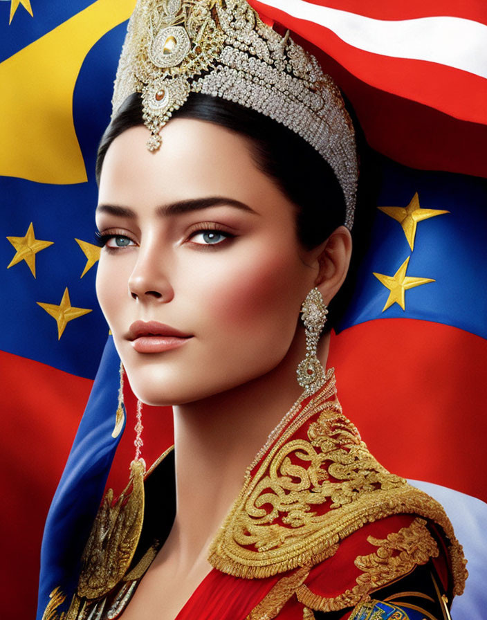 Portrait of woman with jeweled crown in royal attire against vibrant flag backdrop