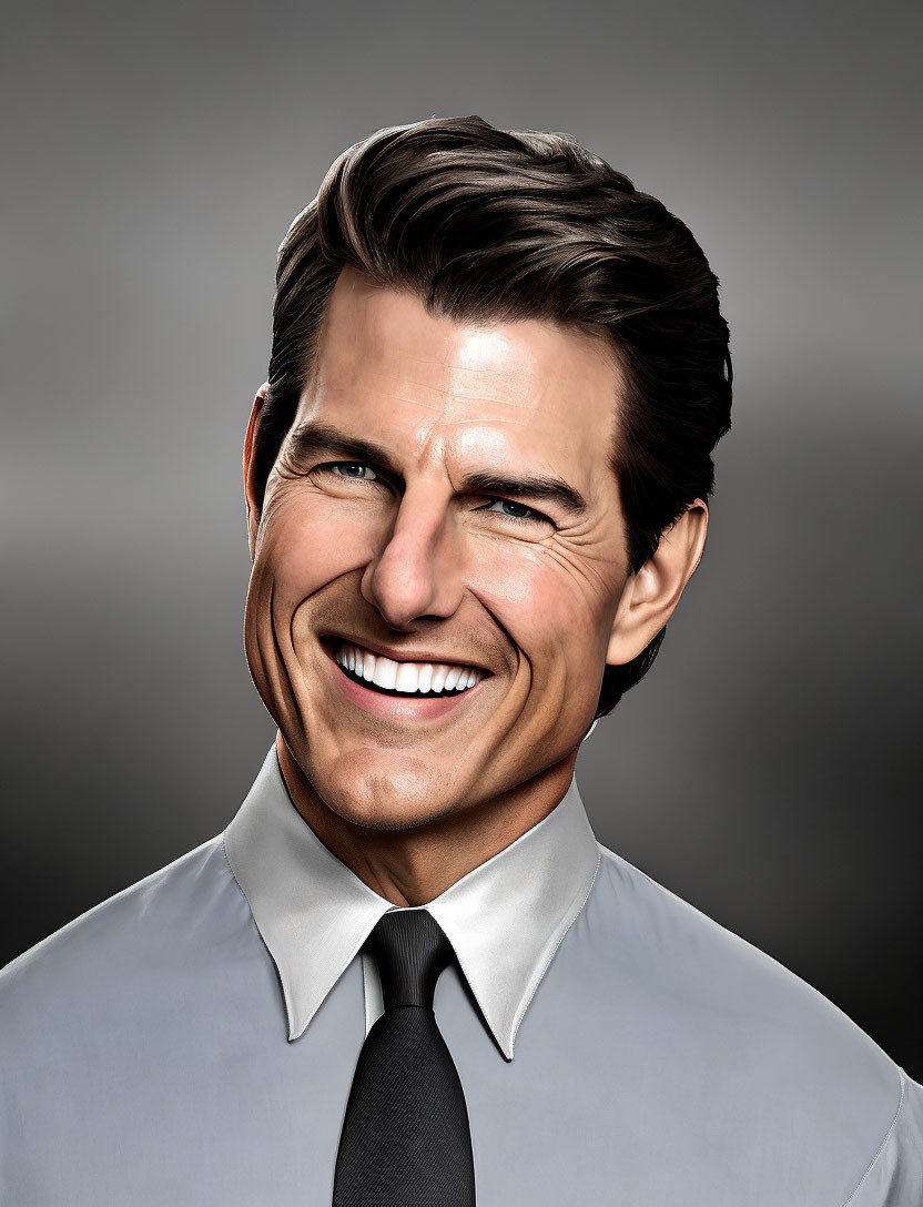 Man with Dark Hair Smiling in Grey Shirt and Black Tie on Grey Background