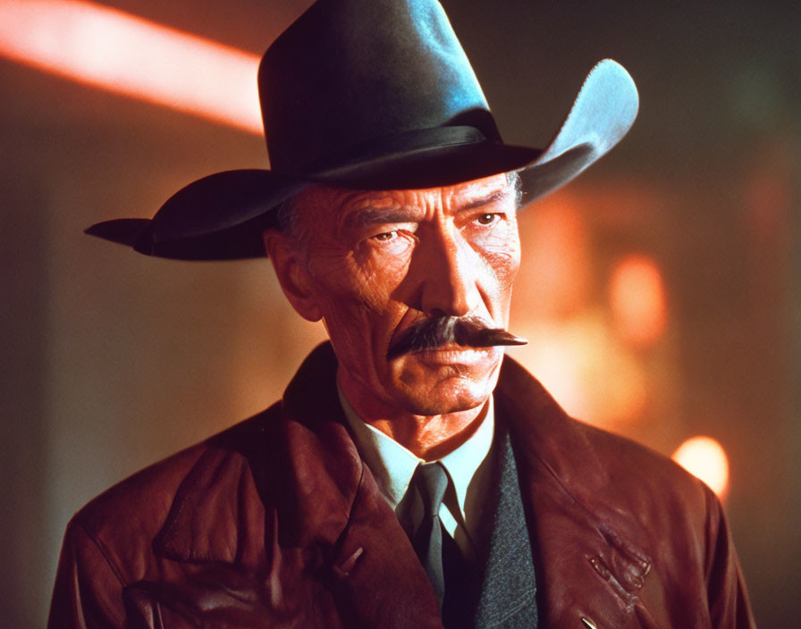 Man with Mustache in Cowboy Hat and Brown Suit Against Red-Lit Background