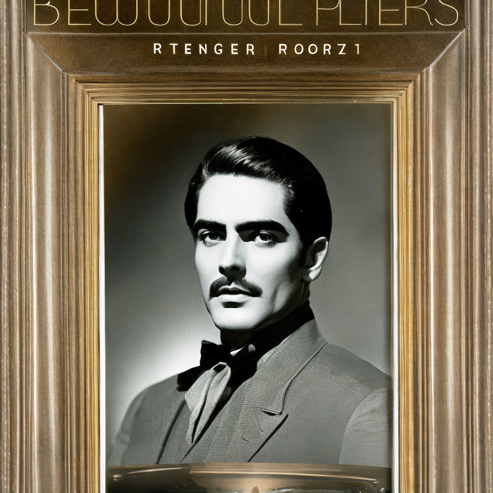 Vintage Black and White Portrait of Mustached Man in Suit and Bow Tie