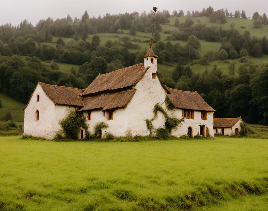 Traditional white church with steeple and weather vane in scenic landscape.