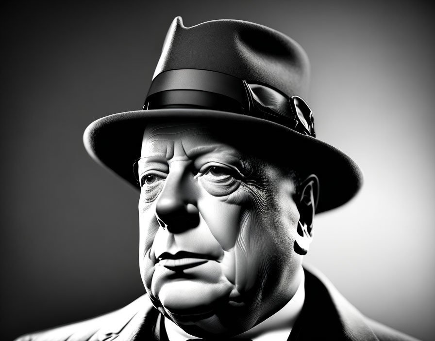 Monochrome image of stern man in bowler hat and suit with intense gaze