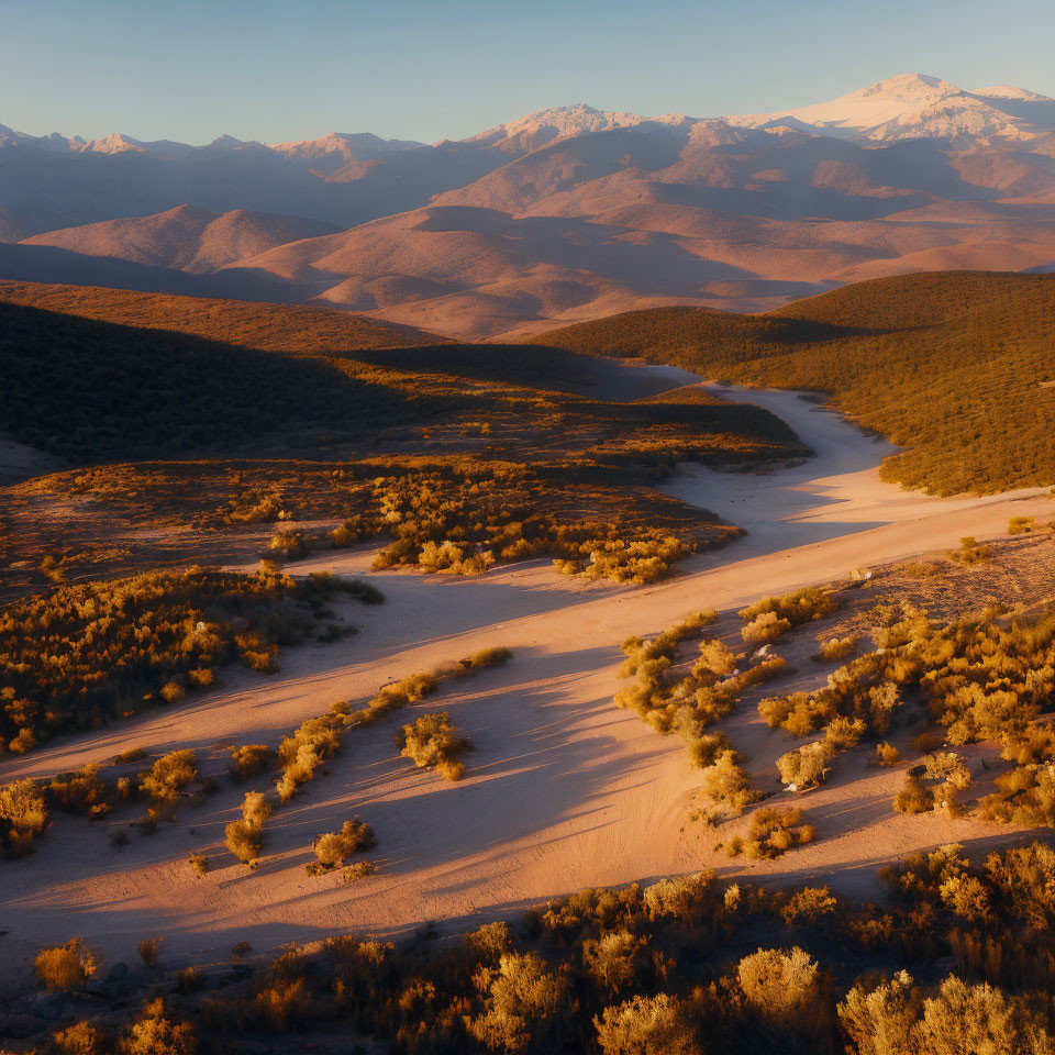 Desert landscape with winding dirt road and snow-capped mountains