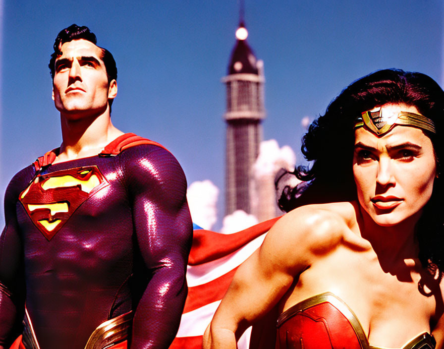 Superman and Wonder Woman in heroic poses with skyscraper backdrop