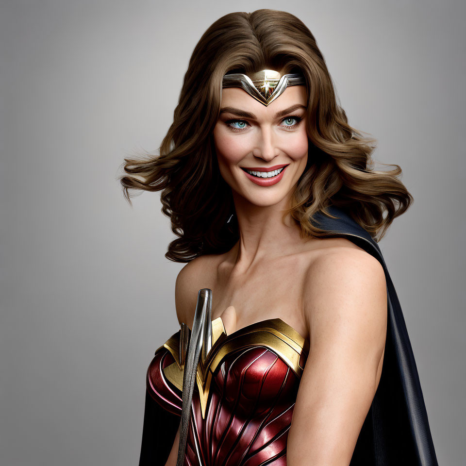 Female superhero in red and gold armor with tiara and cape, smiling confidently
