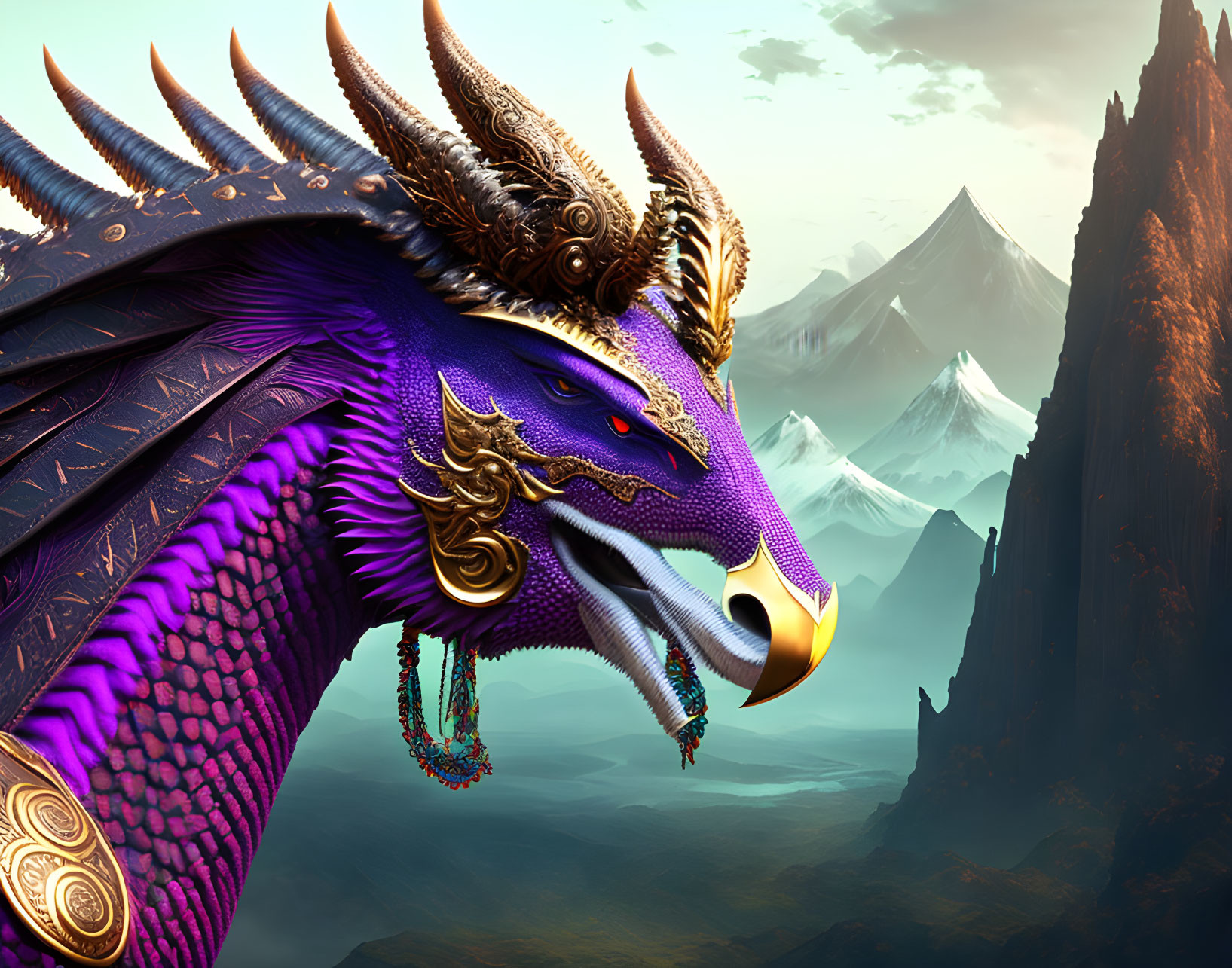Majestic purple dragon with golden horns in mountainous scenery