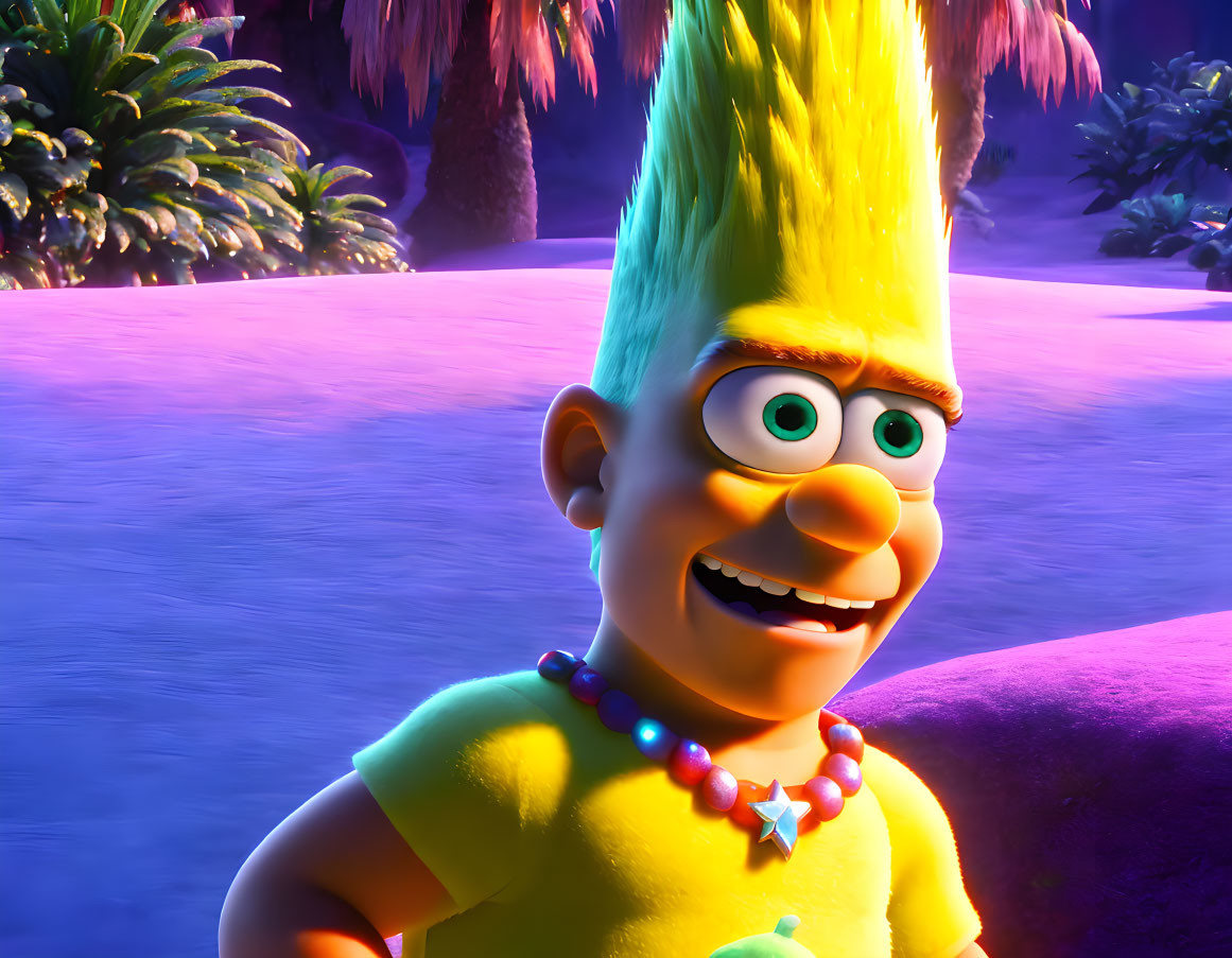 Vibrant animated character with spiked hair and wide eyes in tropical night scene