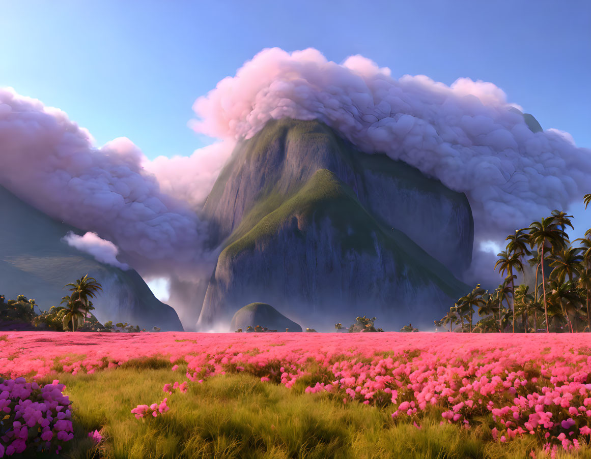 Vibrant pink flowers and palm trees in a fantastical green mountain landscape