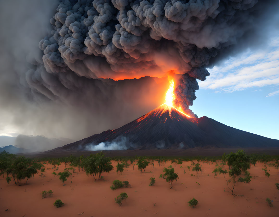 Massive volcanic eruption with fiery lava and dark ash clouds over barren landscape