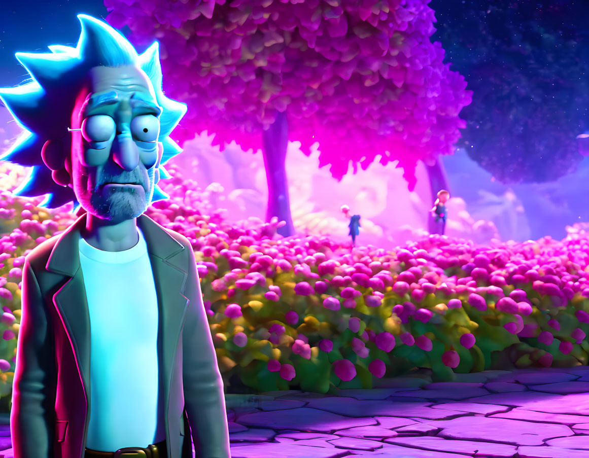 Scientist Animated Character in Vibrant Fantasy Landscape