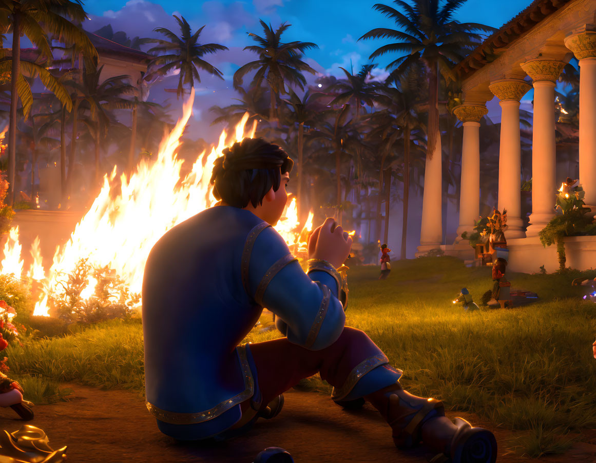 Animated character in pensive pose among burning grounds and palm trees.