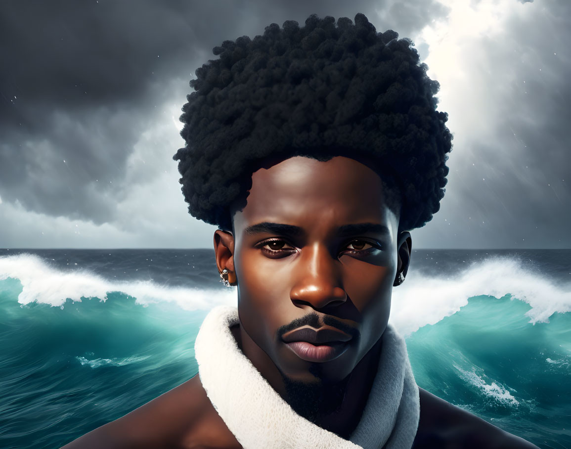 Man with prominent afro hairstyle in stormy seas backdrop