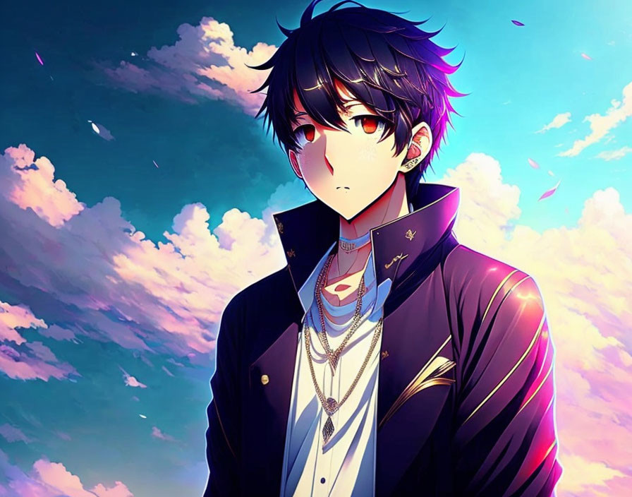 Dark-haired male character in stylish attire against vibrant sky with clouds