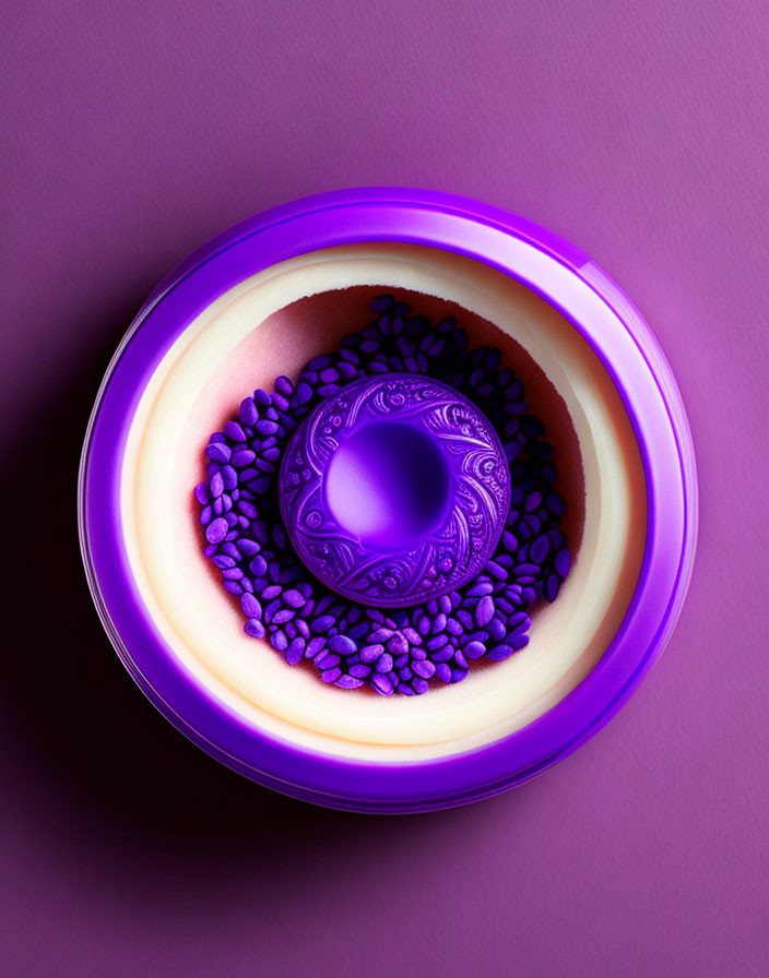 Purple and beige concentric circles with patterned sphere and coffee beans on purple background