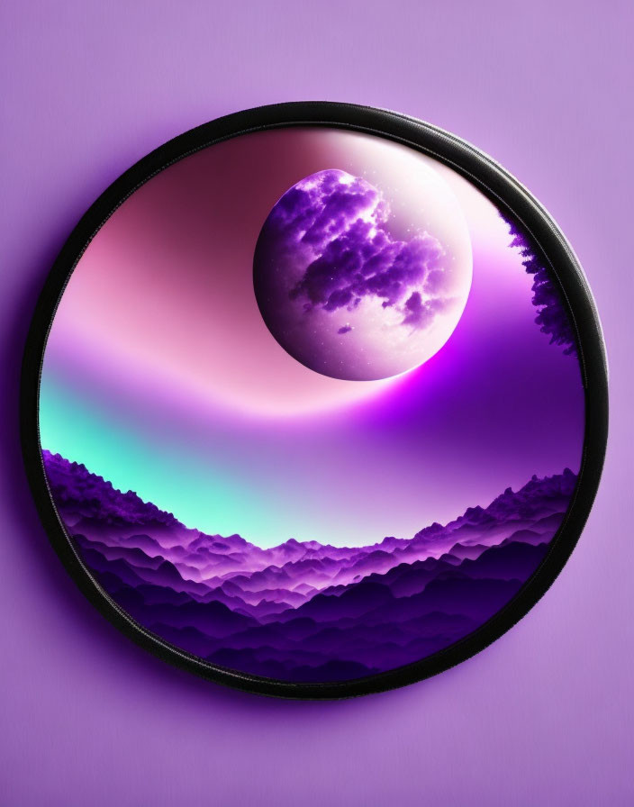 Circular surreal artwork: large moon, layered purple mountains, gradient sky