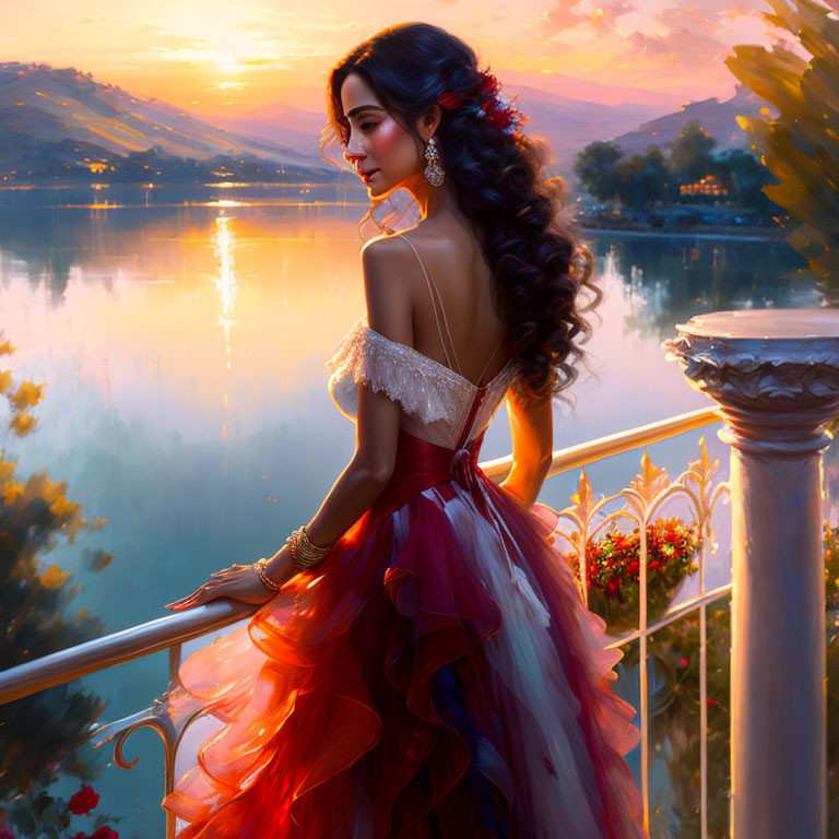 Serene woman in flowing gown gazes at sunset lake