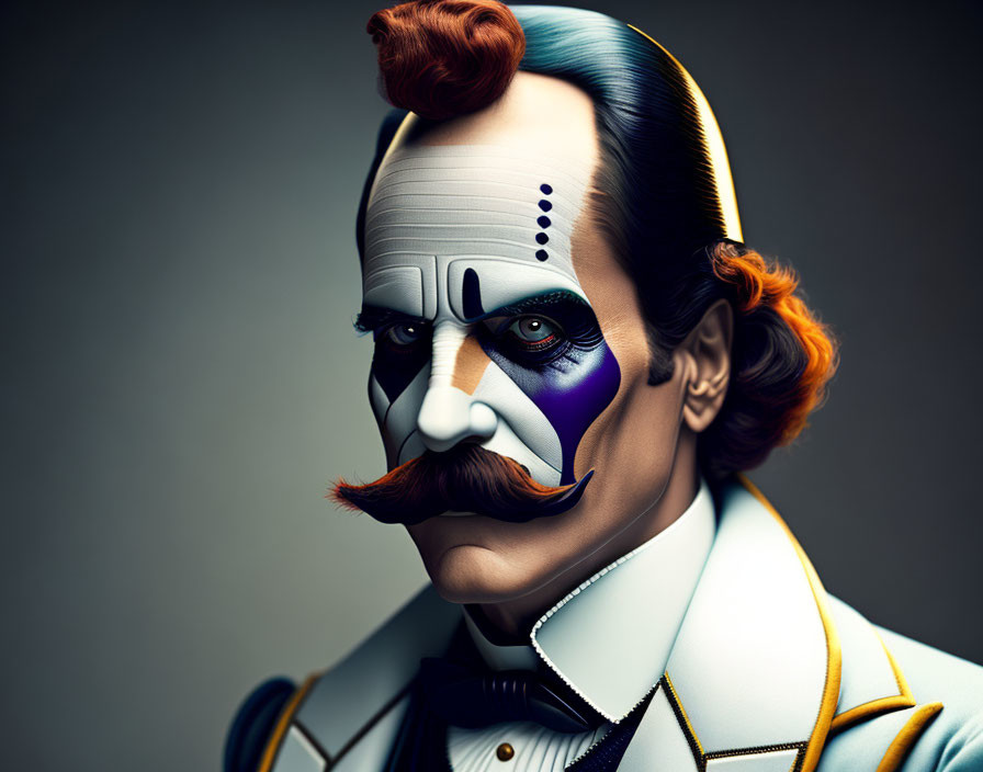 Male figure with clown makeup, moustache, orange hair, and white suit portrait.