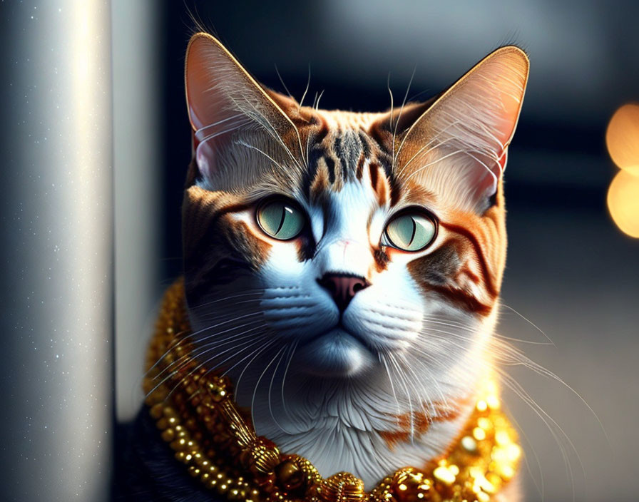 Brown and White Striped Cat with Green Eyes and Gold Bead Necklace Close-Up