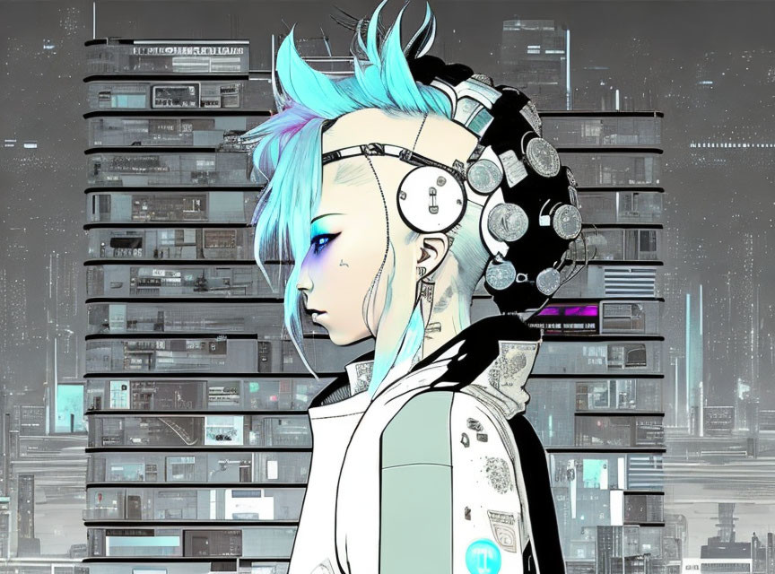 Blue-haired person with cybernetic enhancements in futuristic cityscape.