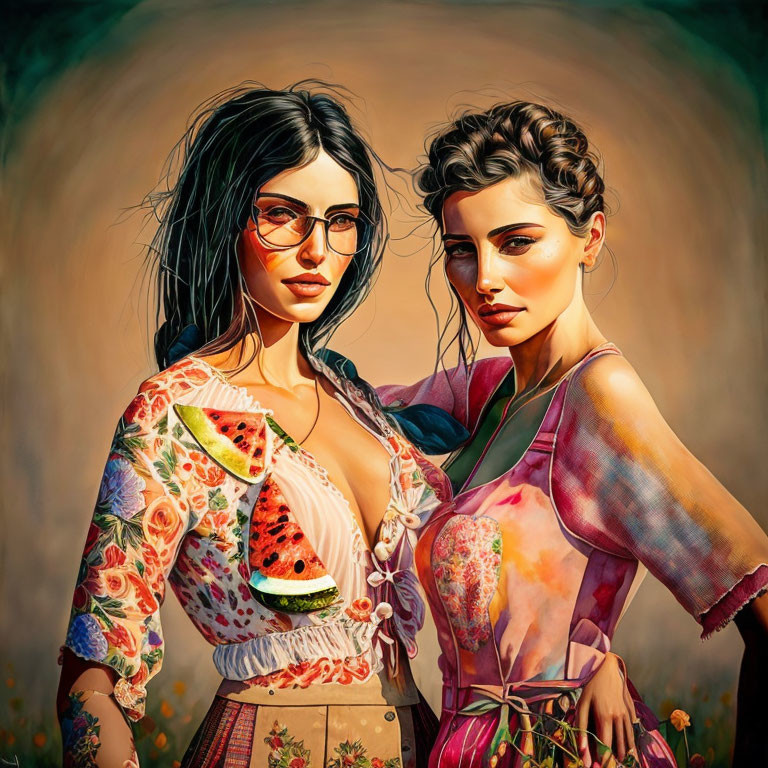 Two women in vibrant attire with watermelon in floral setting