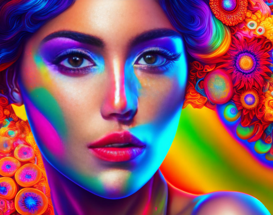 Colorful digital artwork: woman with blue makeup and floral background