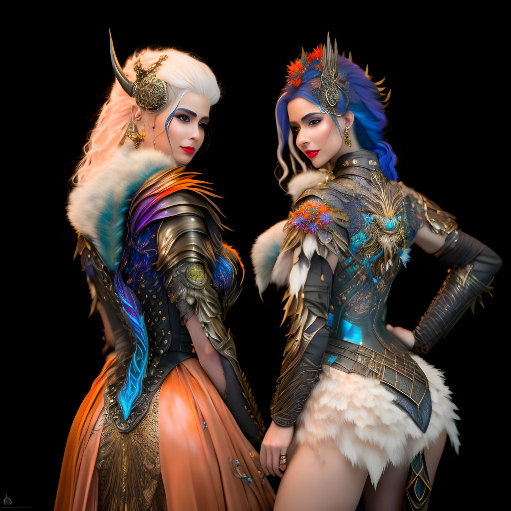 Two women in ornate headdresses and vibrant feathers pose in fantastical costumes against a black background