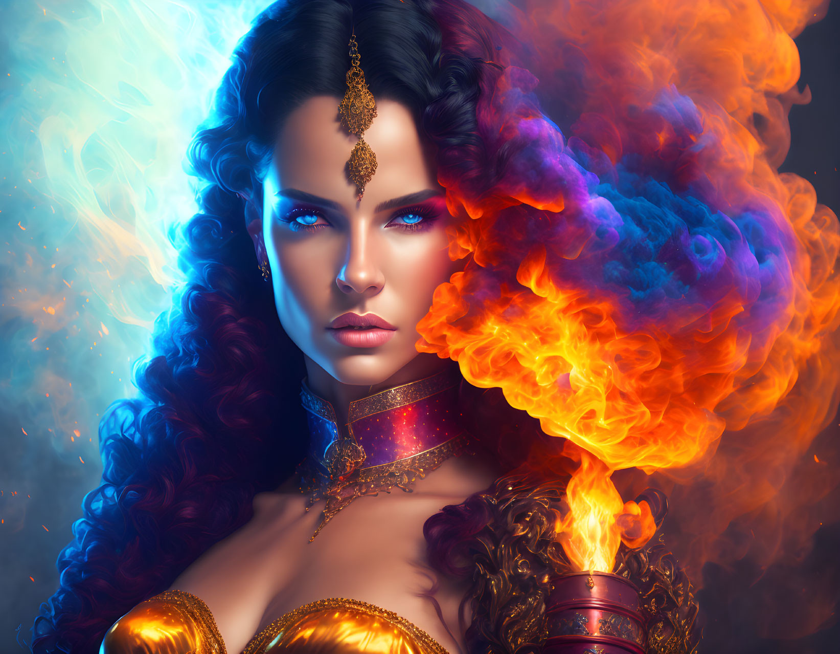 Digital artwork featuring woman in fiery orange and cool blue with intense gaze amidst swirling flames and mist