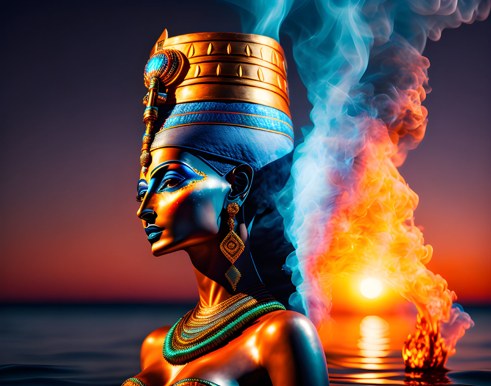 Egyptian queen with golden headdress near blue flame on sunset ocean.