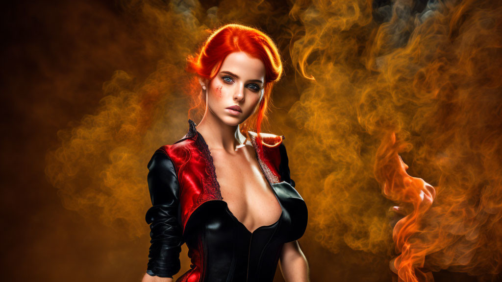 Fiery Red-Haired Woman in Black and Red Outfit with Blue Eyes