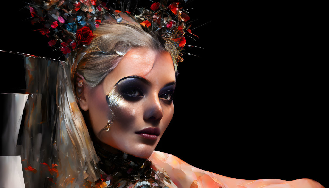 Colorful flower headpiece on woman with dramatic makeup.