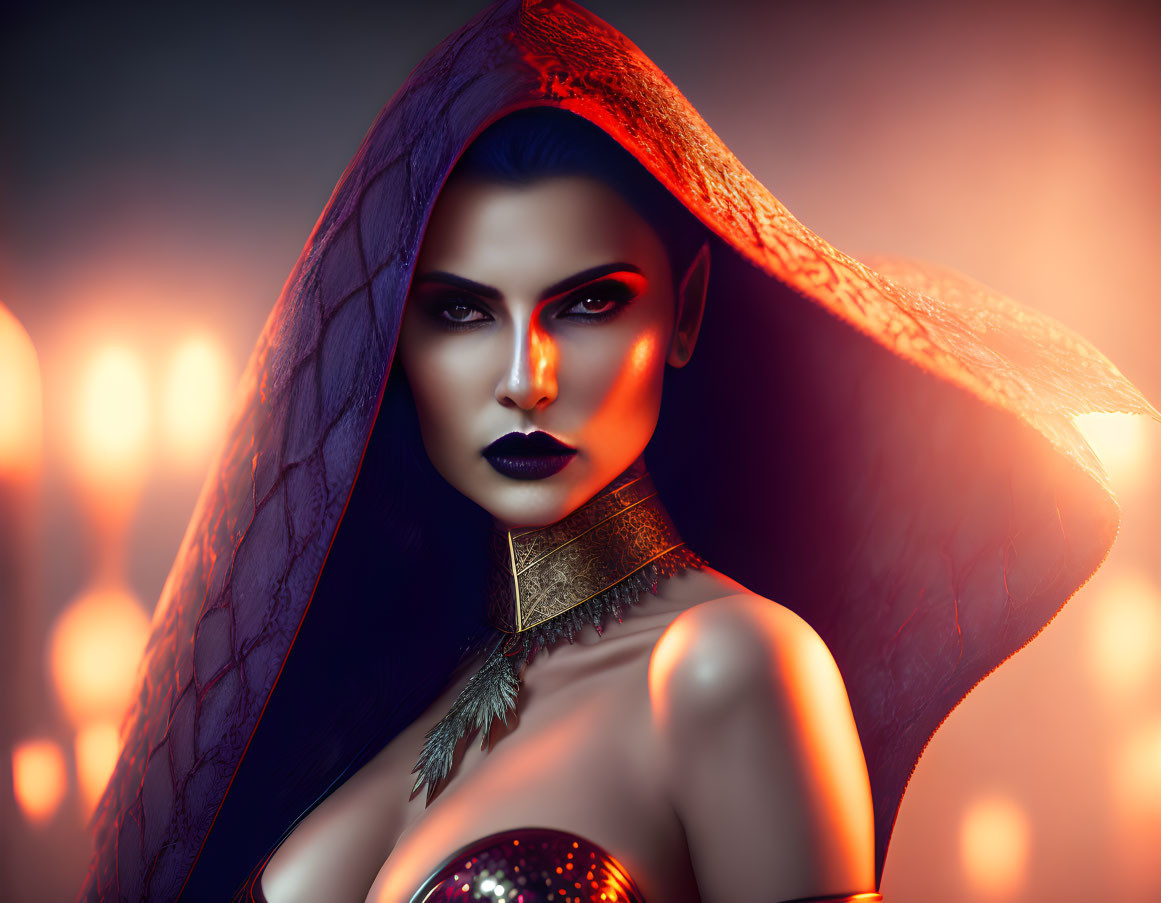 Mystical woman in hooded cape with red glowing eyes