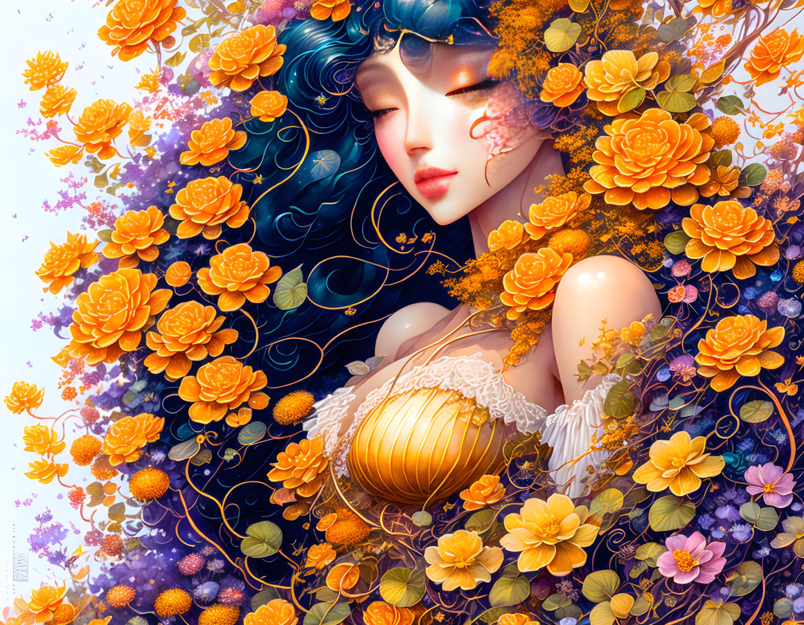 Vibrant Illustration: Woman with Blue Hair & Orange Flowers