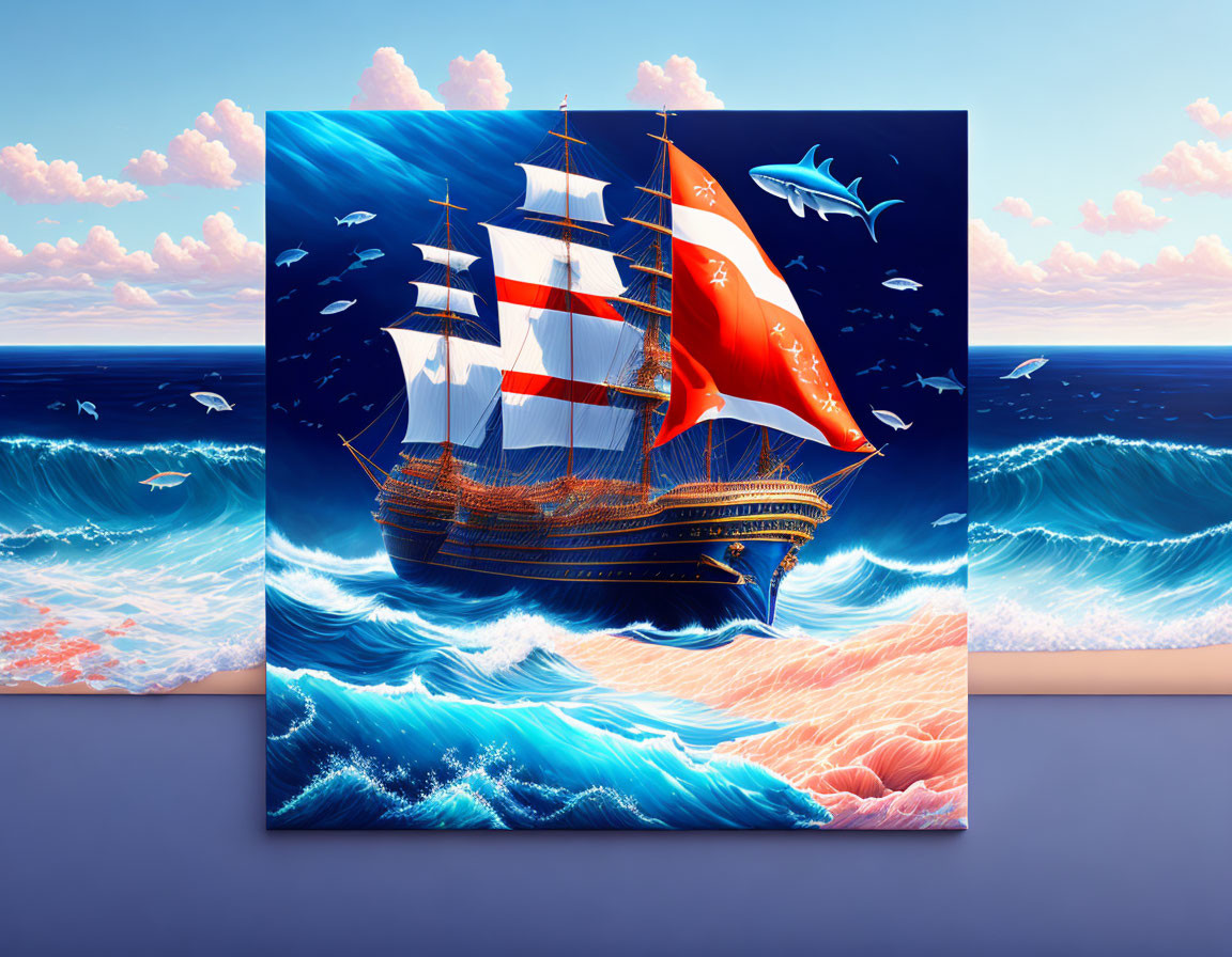 Surreal canvas art: sailing ship with red sails and flying fish in ocean scene