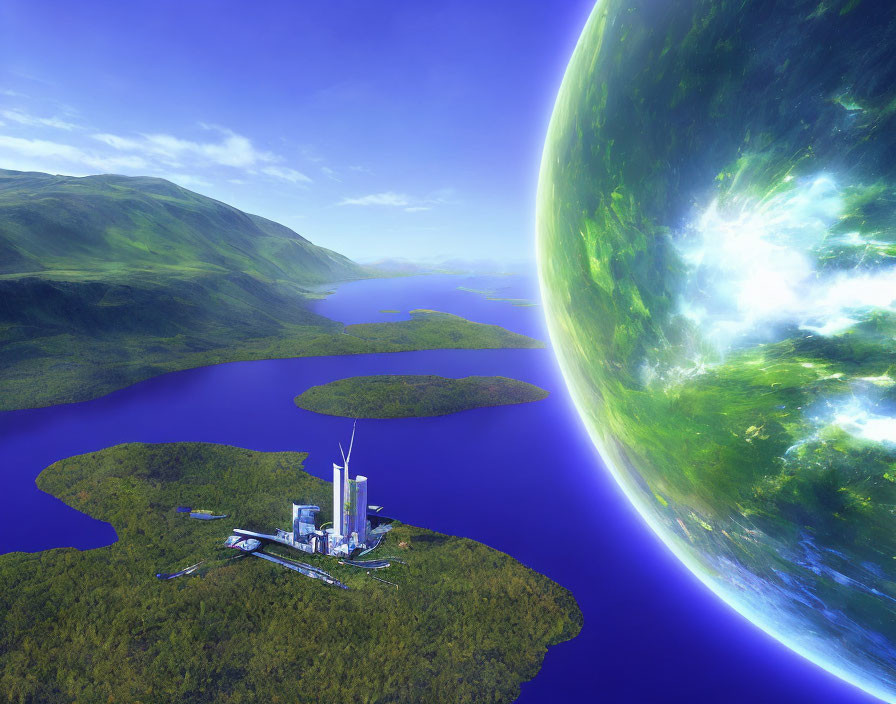 Futuristic spaceport with rocket on launchpad in lush green landscape