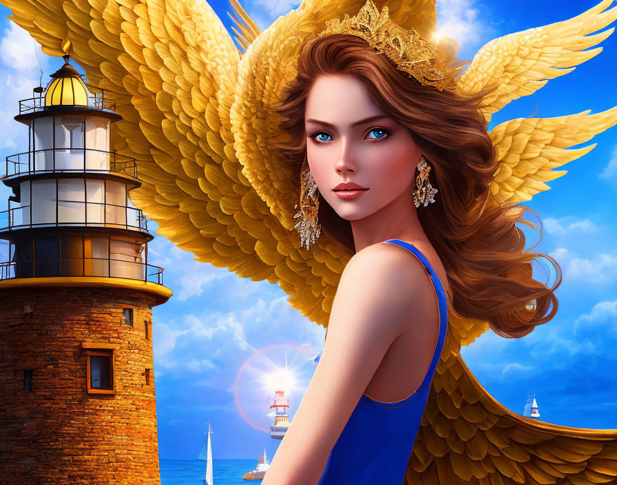 Digital Artwork: Woman with Golden Angel Wings and Lighthouse
