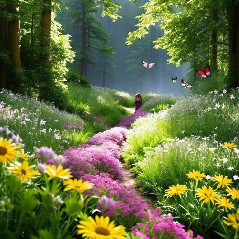 Tranquil forest path with pink and yellow flowers, sunlight, and butterflies.
