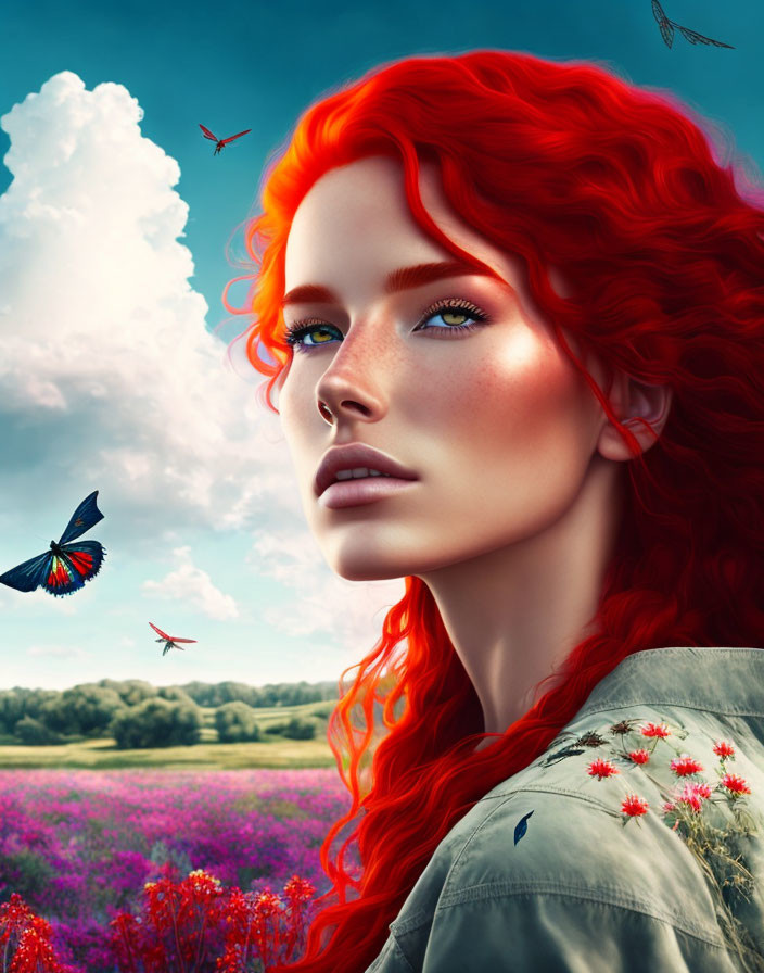 Vibrant red hair and blue eyes woman in colorful field with butterflies