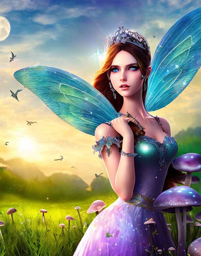 Digital illustration of fairy with blue wings, crown, purple dress, mushrooms, twilight sky, birds.