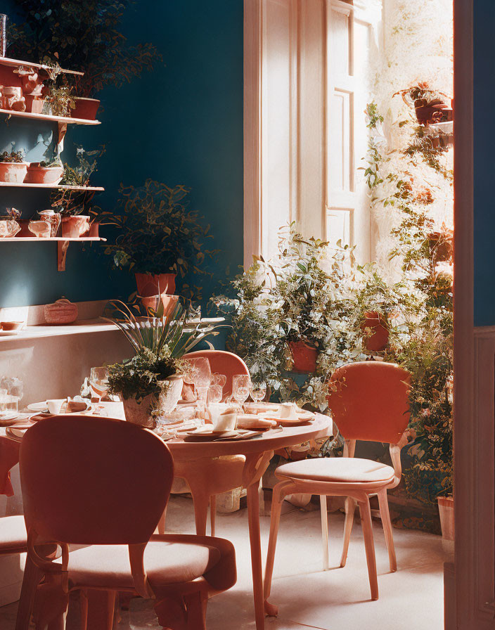 Red Chairs and Greenery in Cozy Dining Area
