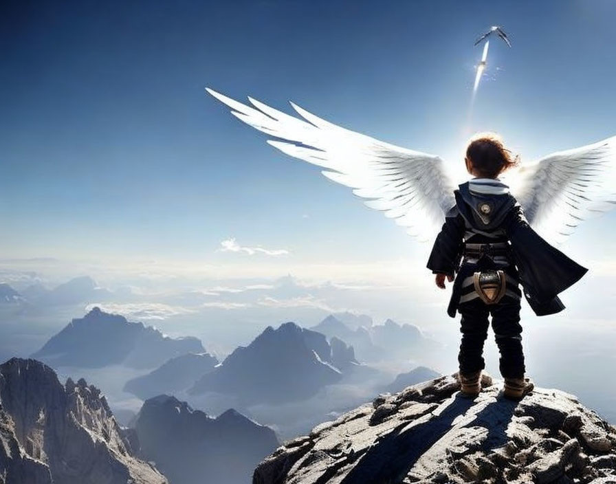 Child with digital angel wings and sword atop mountain range