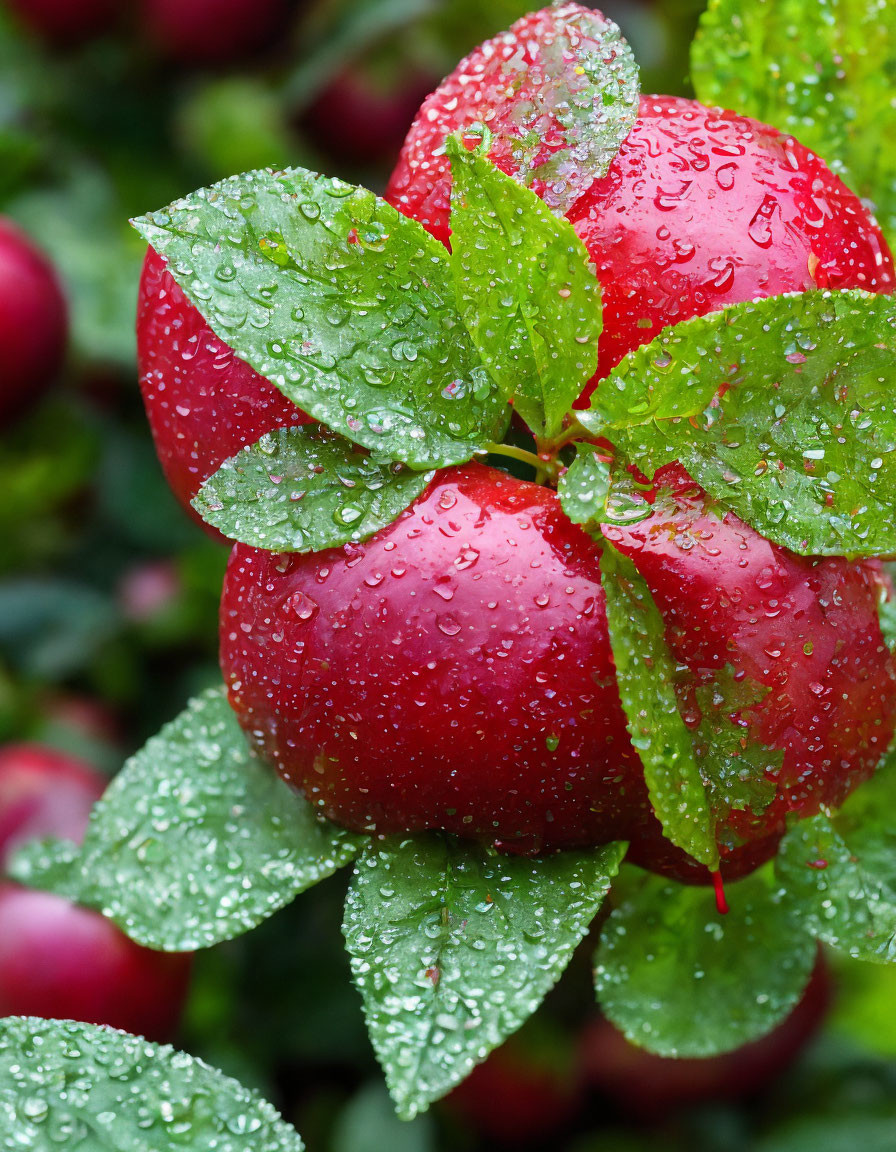 Vibrant red apples with dewdrops on shiny skins among green leaves.