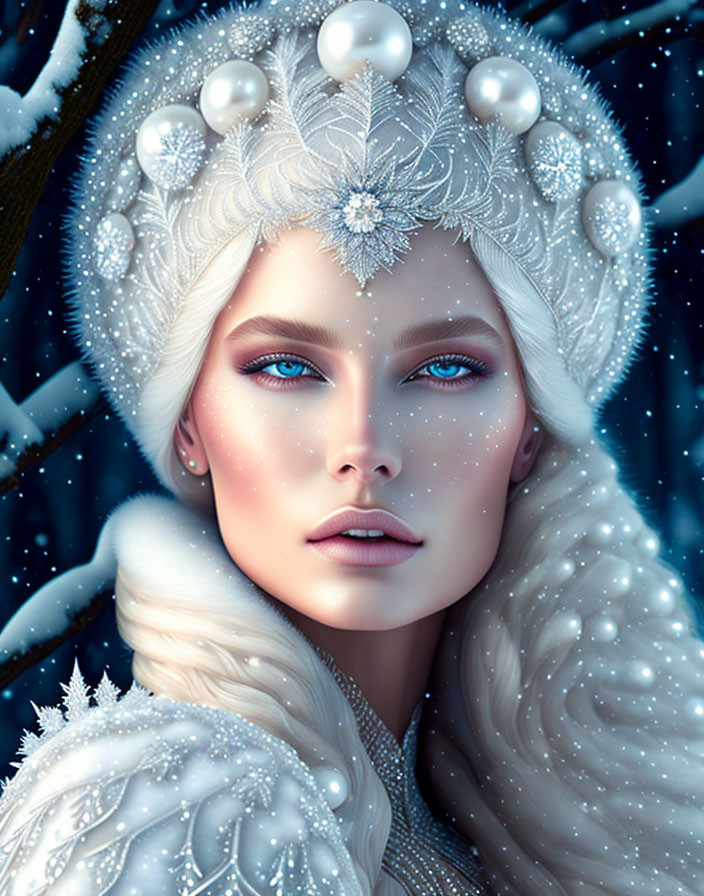 Digital portrait of woman with blue eyes, pearl crown, snowy motifs, wintery backdrop.