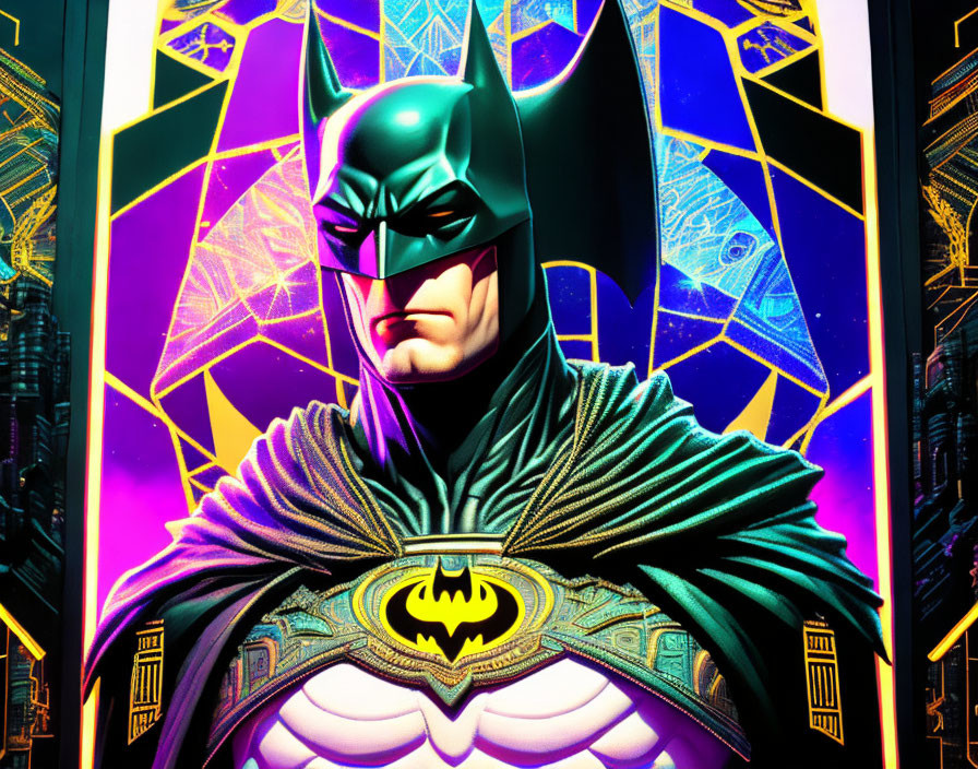 Vibrant Batman Illustration with Neon Colors and Gotham City Backdrop