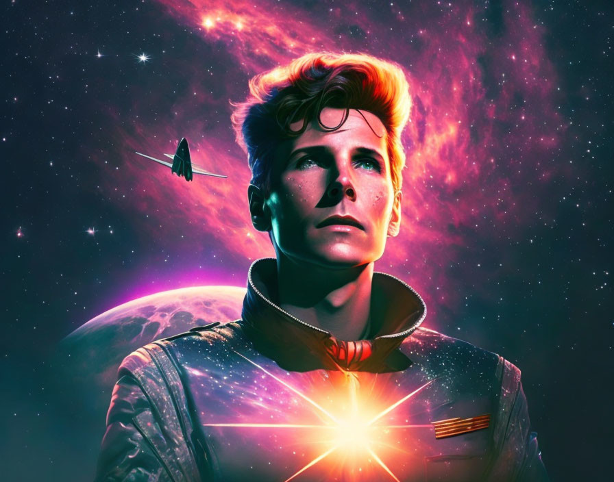 Stylized astronaut portrait with red hair in cosmic setting